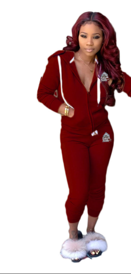 Women’s Zipper Sweatsuit - Burgandy